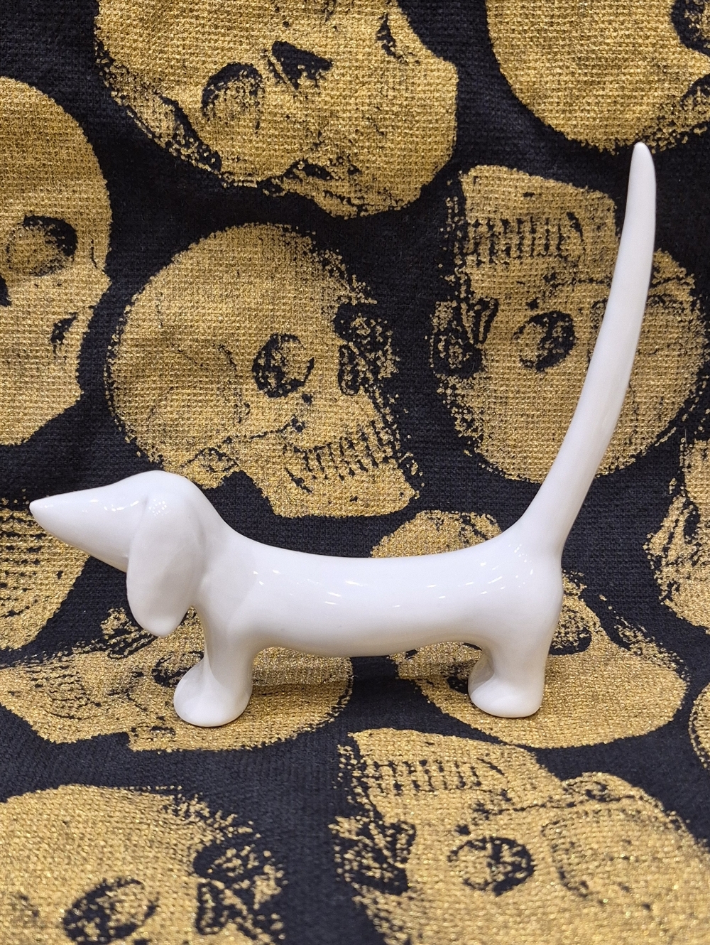 White Ceramic Dachshund Figurine Ring Holder